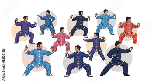 Diverse Group of Tai Chi Practitioners in Various Poses, Illustrating Movement and Balance