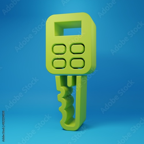 Green Car key with remote icon isolated on blue background. Car key and alarm system. Minimalism concept. 3D render illustration