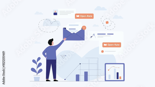 Illustration of a person s hand pressing the send button on an email campaign symbolizing digital communication and marketing success