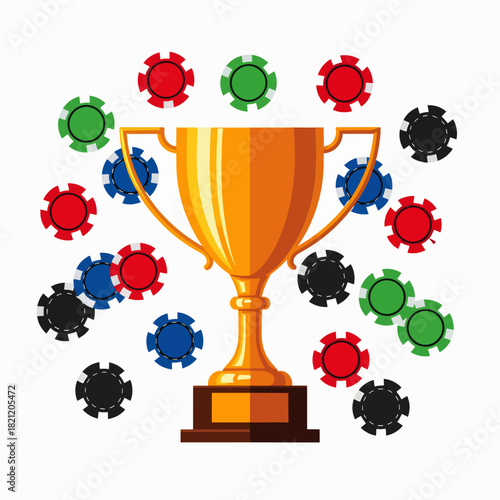 Golden Trophy Surrounded by Colorful Casino Poker Chips Representing Victory and Gambling