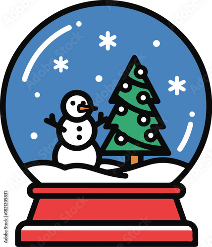 Winter Wonderland in a Globe: A whimsical illustration depicts a festive scene inside a glass globe, where a cheerful snowman and a decorated evergreen tree stand amidst a flurry of snowflakes.