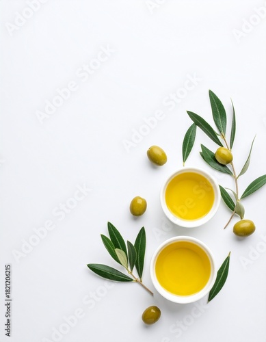 Olive oil small white bowl with fresh olive on white background Minimal style Top view copy space 
