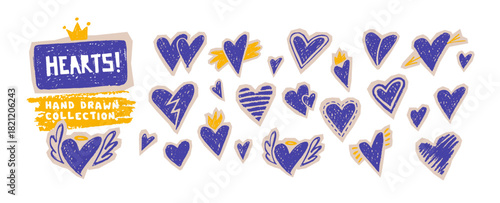 Love symbols with crayon hearts, angel wings and crown. Doodles elements for romantic designs, graffiti art, Valentine Day cards with chalk texture. Stickers set with hearts, vector illustration
