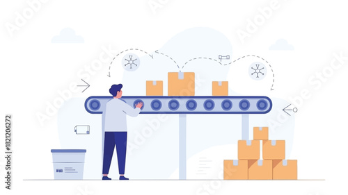 Abstract illustration of a figure navigating a complex logistical bottleneck with interconnected elements and a sense of forward momentum rendered in vibrant cmyk colors