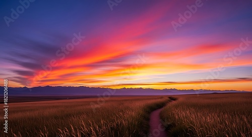 A vibrant sunset over a field with a path leading towards distant mountains under a colorful sky