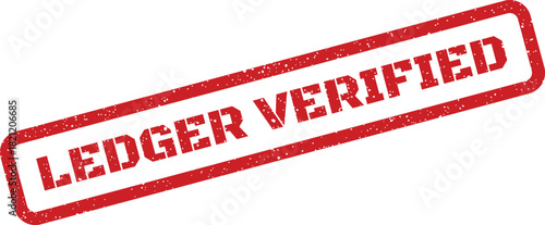 Rectangular grunge style rubber stamp presents the clear LEDGER VERIFIED text for official checking