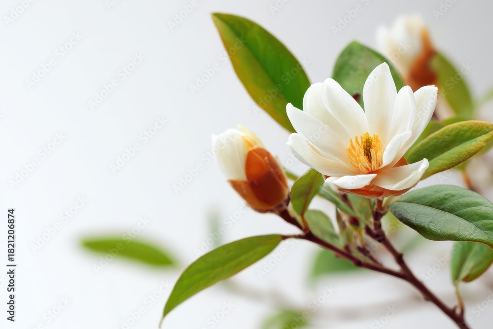 Fototapeta premium Spring Blossom: Michelia Alba Flowers Framed by Lush Green Leaves on a Soft White Background