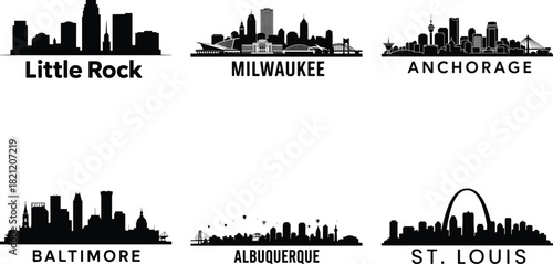 Silhouetted city skylines of six american cities