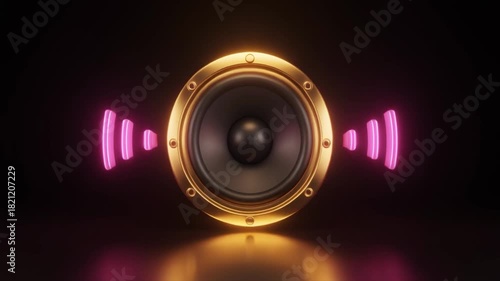 Golden Speaker with Pink Neon Sound Waves on Dark Background audio music
