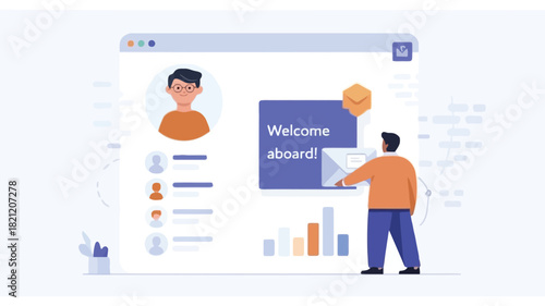 Modern digital illustration of a person sending a welcome aboard email featuring a clean background and vibrant communication elements perfect for onboarding and corporate messaging