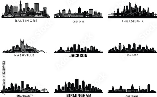 Silhouetted city skylines of various american cities