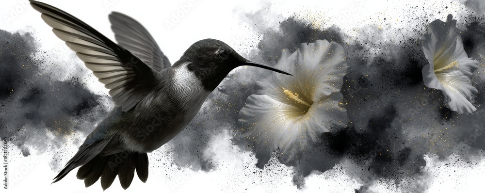Obraz premium Hummingbird hovering gracefully near a white flower amidst a soft black and white background, creating an ethereal atmosphere