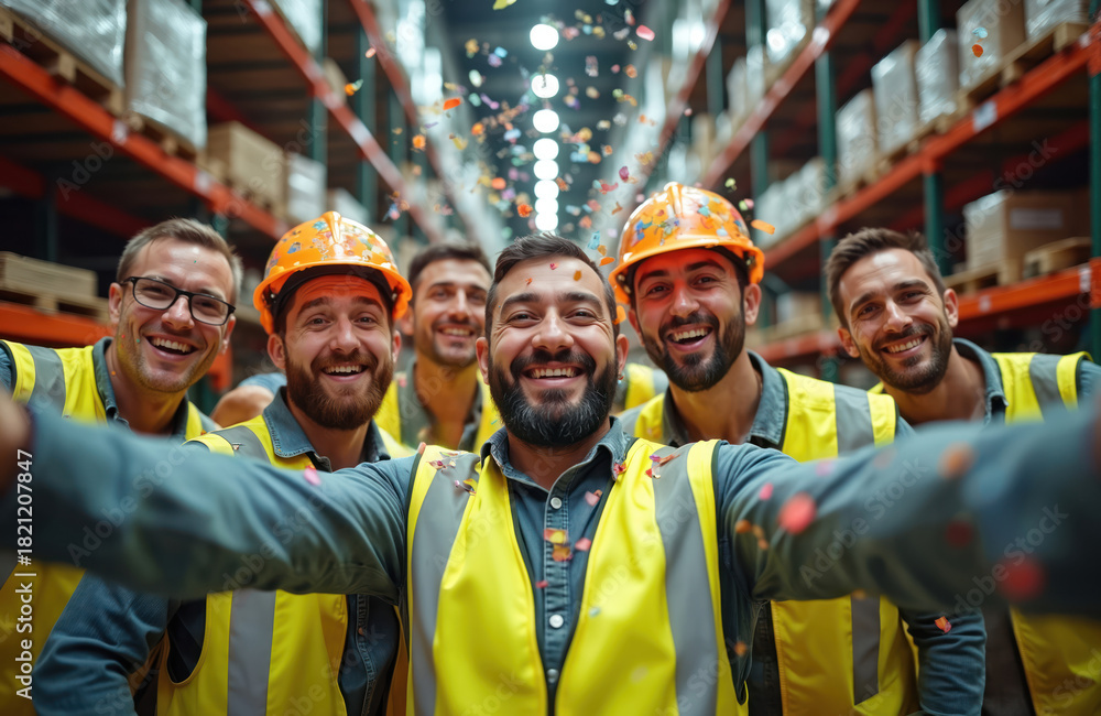 Obraz premium Diverse warehouse workers in safety vests, hard hats celebrate with falling confetti. Men smile, laugh, enjoying camaraderie, success in brightly lit industrial storage facility, capturing moment of