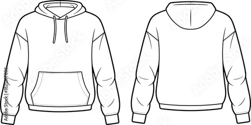 Oversized hoodie technical flat sketch, long sleeve sweatshirt vector, kangaroo pocket, front and back view, streetwear apparel design template illustration.