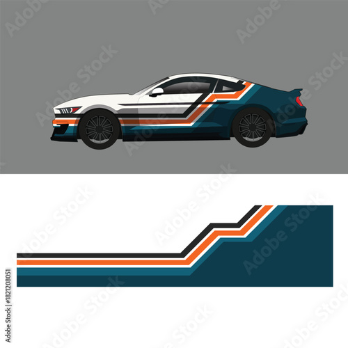 A modern car livery design featuring bold geometric stripes in dark blue, orange, black, and white