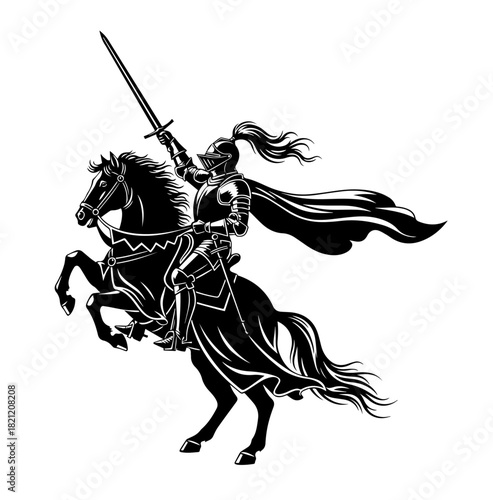 A dynamic monochrome vector illustration depicts a gallant armored knight brandishing a sword high atop a powerful rearing steed with a flowing cape