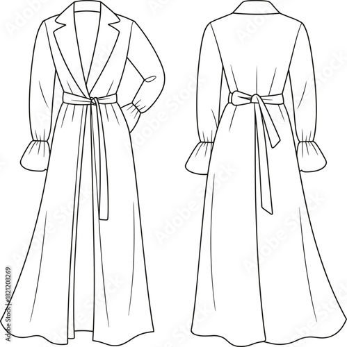 Women's long robe technical flat sketch, belted coat vector, ruffled cuff sleeve, front and back view, cad drawing flat vector illustration.