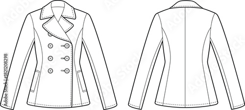 Women's double breasted jacket technical flat sketch, peacoat vector, front and back view, tailored outerwear design template, cad drawing flat vector illustration.