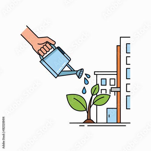 Nurturing Urban Growth A Hand Watering A Sprout Next To A Building