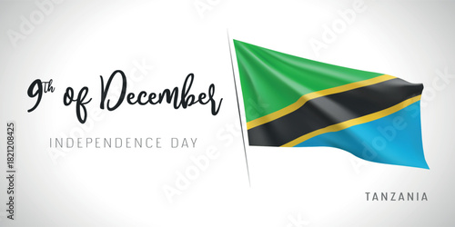Tanzania independence day vector banner, greeting card. Tanzanian wavy flag in 9th of December patriotic holiday horizontal design with realistic flag