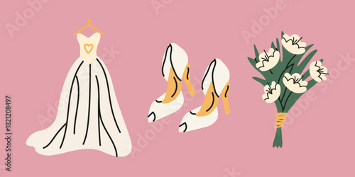 Vintage romantic stickers set. Marriage attributes, sweets, gift, romantic elements in cute cartoon style. Wedding and love concepts. Vector illustration isolated