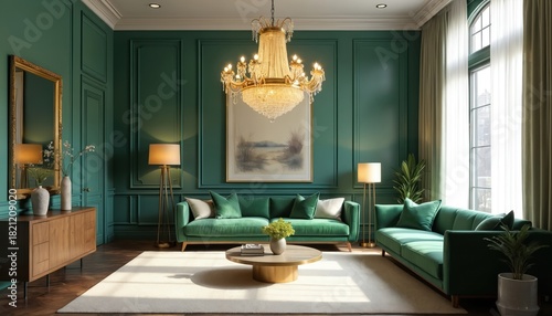 Fototapeta Naklejka Na Ścianę i Meble -  Luxurious living room features plush green sofas, statement gold chandelier, and elegant wall paneling. Large arched window floods space with natural light, complementing modern furniture and decor.