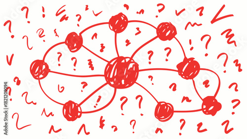 Abstract red marker drawing depicting a chaotic tangled and complex mental state with swirling lines and shapes