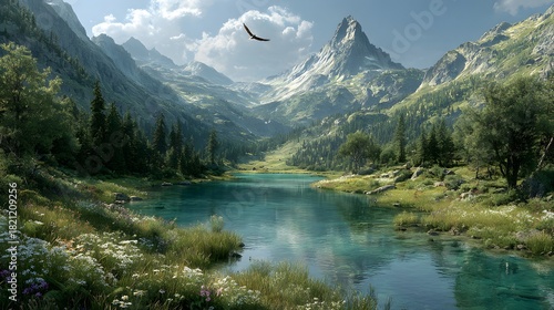 Breathtaking, panoramic, photorealistic landscape of a pristine turquoise alpine lake surrounded by green meadows, with a mountain peak in the back.
