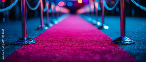 A pink carpet lined with rope posts and twinkling lights symbolises glamour and solemnity — a stylish, atmospheric backdrop for invitations to premium events or film festivals.