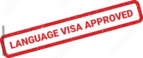 Rectangular rubber stamp icon displaying LANGUAGE VISA APPROVED text, signifying official confirmation