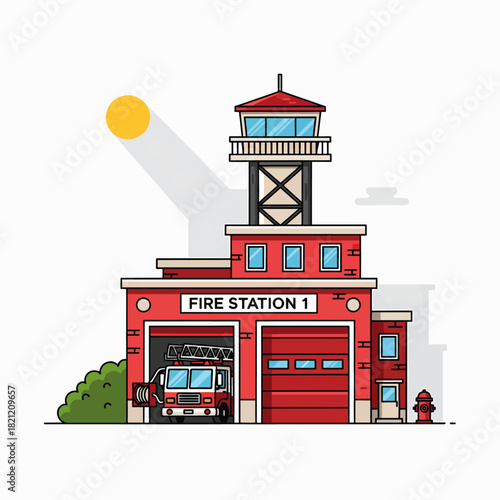 A Modern Fire Station Building with Red Brick Exterior and Emergency Vehicle Inside