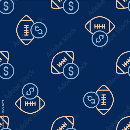 Line American football betting money icon isolated seamless pattern on blue background. Football bet bookmaker. Soccer betting online make money. Vector
