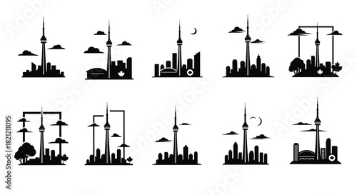 Collection of vector silhouette icons illustrating the toronto city skyline featuring the famous cn tower landmark and various buildings isolated on white background, Vector, illustration