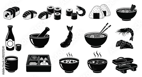 Comprehensive set of japanese cuisine and culture icons featuring sushi ramen sake tempura and geta sandals on white. isolated on white background, Vector, illustration