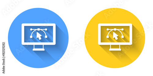 White Computer display with vector design program icon isolated on isolated with long shadow background. Photo editor software with user interface. Circle button. Vector