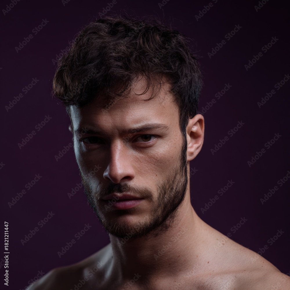 Fototapeta premium Young caucasian male with dark hair and beard against dark background