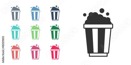 Black Popcorn in cardboard box icon isolated on white background. Popcorn bucket box. Set icons colorful. Vector