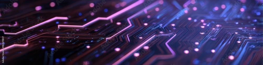 Obraz premium Futuristic circuit board with glowing neon lines and dots in dark ambient lighting