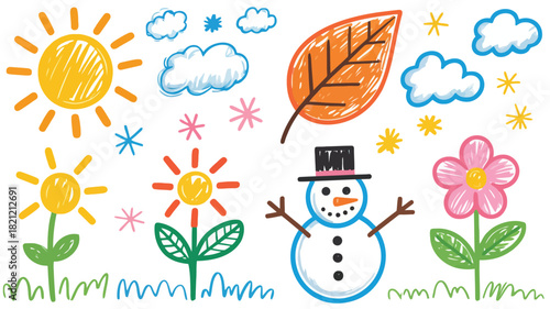 Charming crayon drawing illustrating the four seasons with a bright sun and diverse natural elements