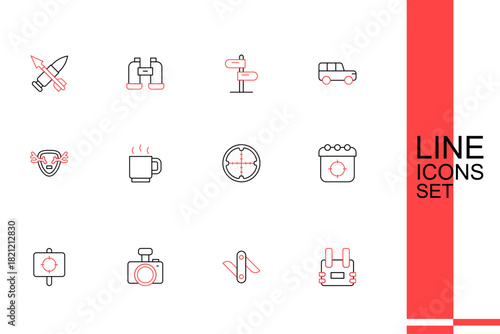 Set line Bulletproof vest, Swiss army knife, Photo camera, Target sport, Sniper optical sight, Coffee cup and Deer antlers on shield icon. Vector
