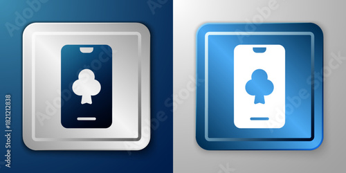 White Online poker table game icon isolated on blue and grey background. Online casino. Silver and blue square button. Vector