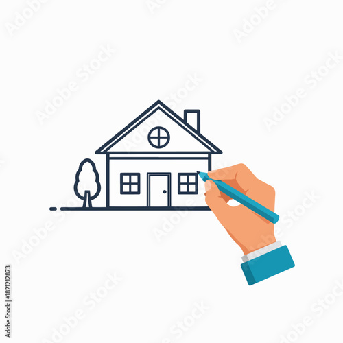 Drawing a Simple House Outline With a Tree and Yard Using a Pen