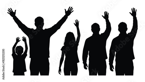 Diverse group of silhouettes waving and cheering isolated on white background, Vector