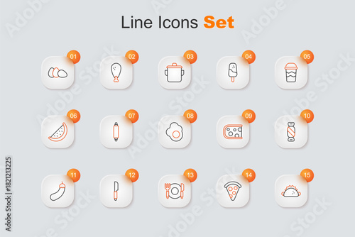 Set line Taco with tortilla, Slice of pizza, Plate, fork and knife, Knife, Eggplant, Candy, Cheese and Scrambled egg icon. Vector