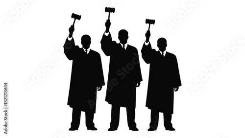 Three judges with gavels silhouette isolated on white background, Vector