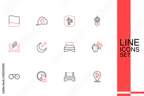 Set line Sleepy, Big bed, Alarm clock, Contact lens container, Dreams, Moon and stars and Pillow icon. Vector