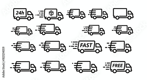 Set of various black and white delivery truck icons with speed lines