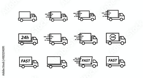 Set of twelve black and white line icons representing fast delivery truck service