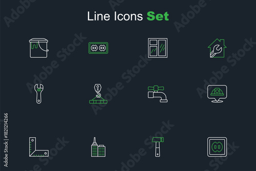 Set line Electrical outlet, Hammer, City landscape, Corner ruler, Worker safety helmet, Water tap, Crane hook and Adjustable wrench icon. Vector