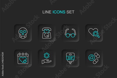 Set line Medicine pill or tablet, IV bag, Cross hospital medical, Doctor appointment, Medical heart inspection, Glasses, Emergency call 911 and Skull icon. Vector